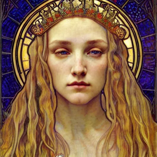 Image similar to detailed realistic beautiful young medieval queen face portrait by jean delville, alphonse mucha, vincent van gogh, and marco mazzoni, art nouveau, symbolist, visionary, gothic, pre - raphaelite