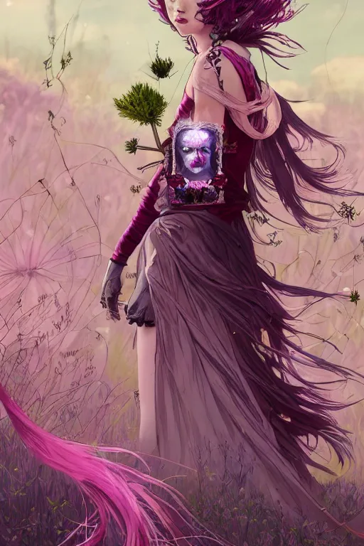 Prompt: a highly detailed tarot card of A beautiful woman, with magenta hair covering her face, standing in a grassy field covered in large obsidian crystals, with a tall tree, cinematic lighting, dramatic atmosphere, by Dustin Nguyen, Akihiko Yoshida, Greg Tocchini, Greg Rutkowski, Cliff Chiang, 4k resolution