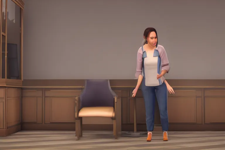 Prompt: a photo of a sim character annoyed at a chair, photorealistic, dramatic, game footage, 8 k