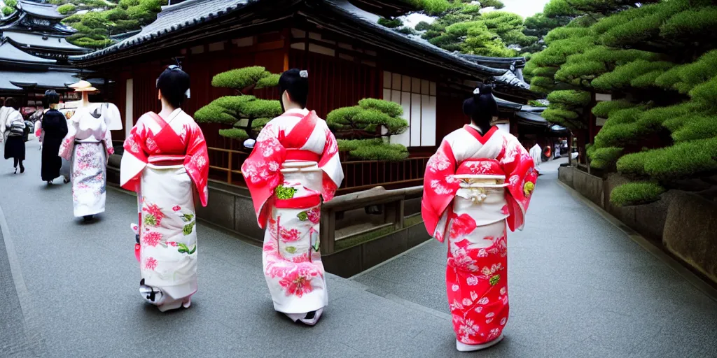 Prompt: geisha, kyoto walking to a shrine