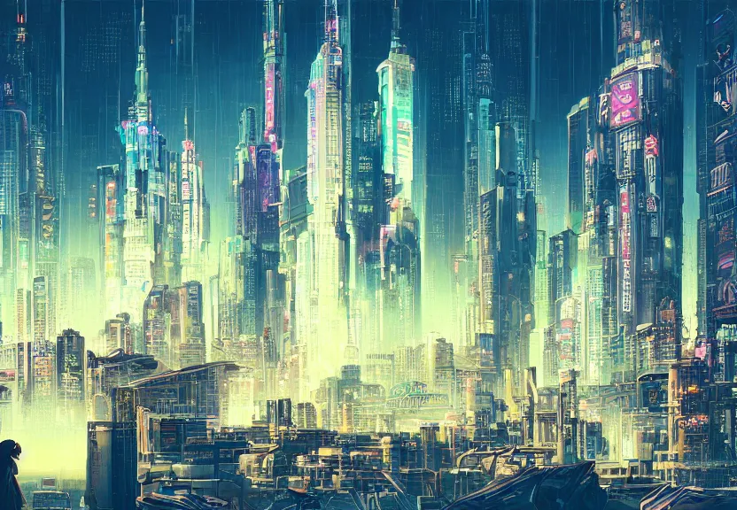 Image similar to a distant mormon temple in cyberpunk neo tokyo