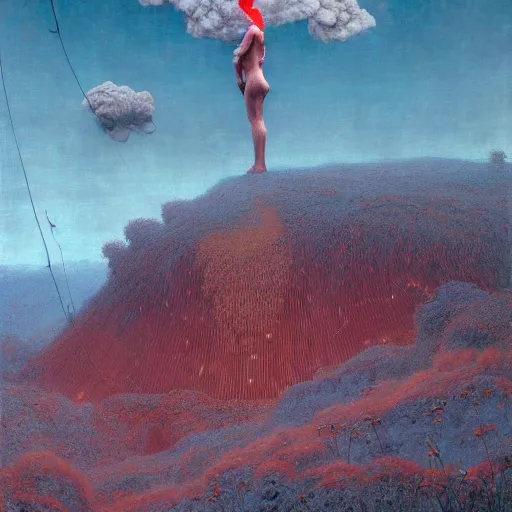 Prompt: A giant woman, wearing clothes made out of thunder clouds and flowers red skin, mountains, Masterpiece, glowing, wires everywhere, by Edgar Maxence and Ross Tran, Zdzisław Beksiński, and Michael Whelan, distant, gustav dore, H.R. Giger, 8k, octane render