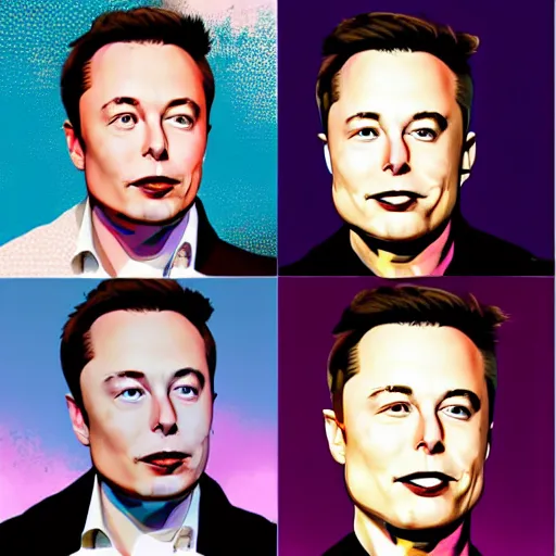 Image similar to elon musk in the style of various artists