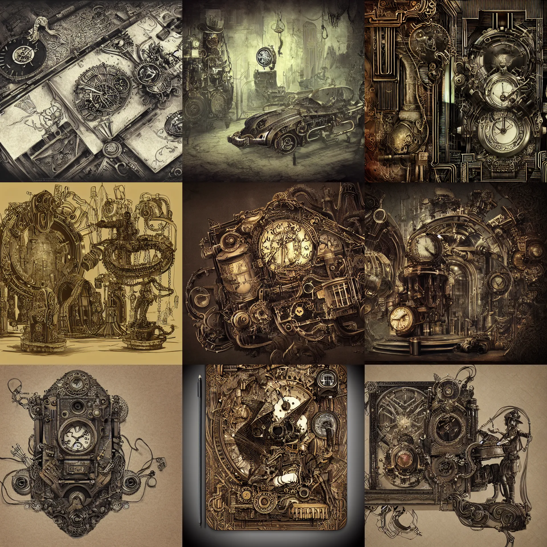 Prompt: extremely detailed illustration high tech steampunk eerie uncomfortable dark stylized digital notebook doodles drawings musings art deco with art deco filigree scrollwork 8 k render