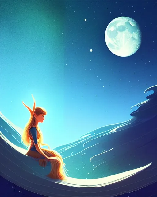 Image similar to beautiful painting of elven sitting on her flying bed and looking at the moon, art by mike winkelmann and by petros afshar, sky night, illustration, highly detailed, simple, smooth and clean vector curves, no jagged lines, vector art, smooth, artstation