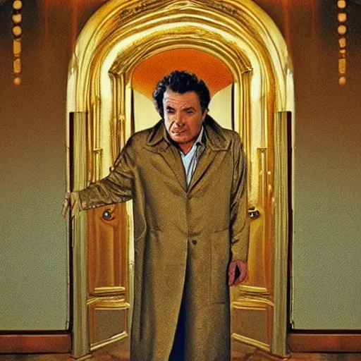 Image similar to heaven!!!!!!!!, gold gates of heaven!!!!!!!!, clouds on ground!!!!!, fog!!!, columbo angel, peter falk as columbo, symmetrical face!!!!, round symmetrical eyes!!!, color, hdr