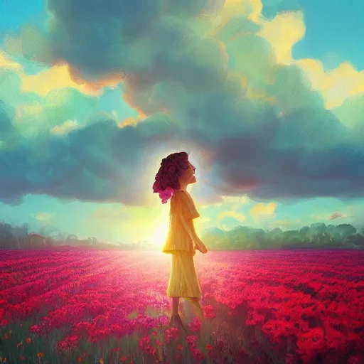 Prompt: giant carnation flower head, girl in a flower field, surreal photography, sunrise dramatic light, impressionist painting, colorful clouds, digital painting, artstation, simon stalenhag, flower face