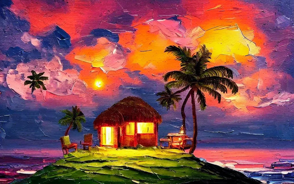 Prompt: a very very small island! cute cozy cottage!! and lanterns!!!, chairs, fireplace, palm trees, dark very late evening cloudy sunset, dramatic and dynamic lighting, thick brush strokes oil impasto painting