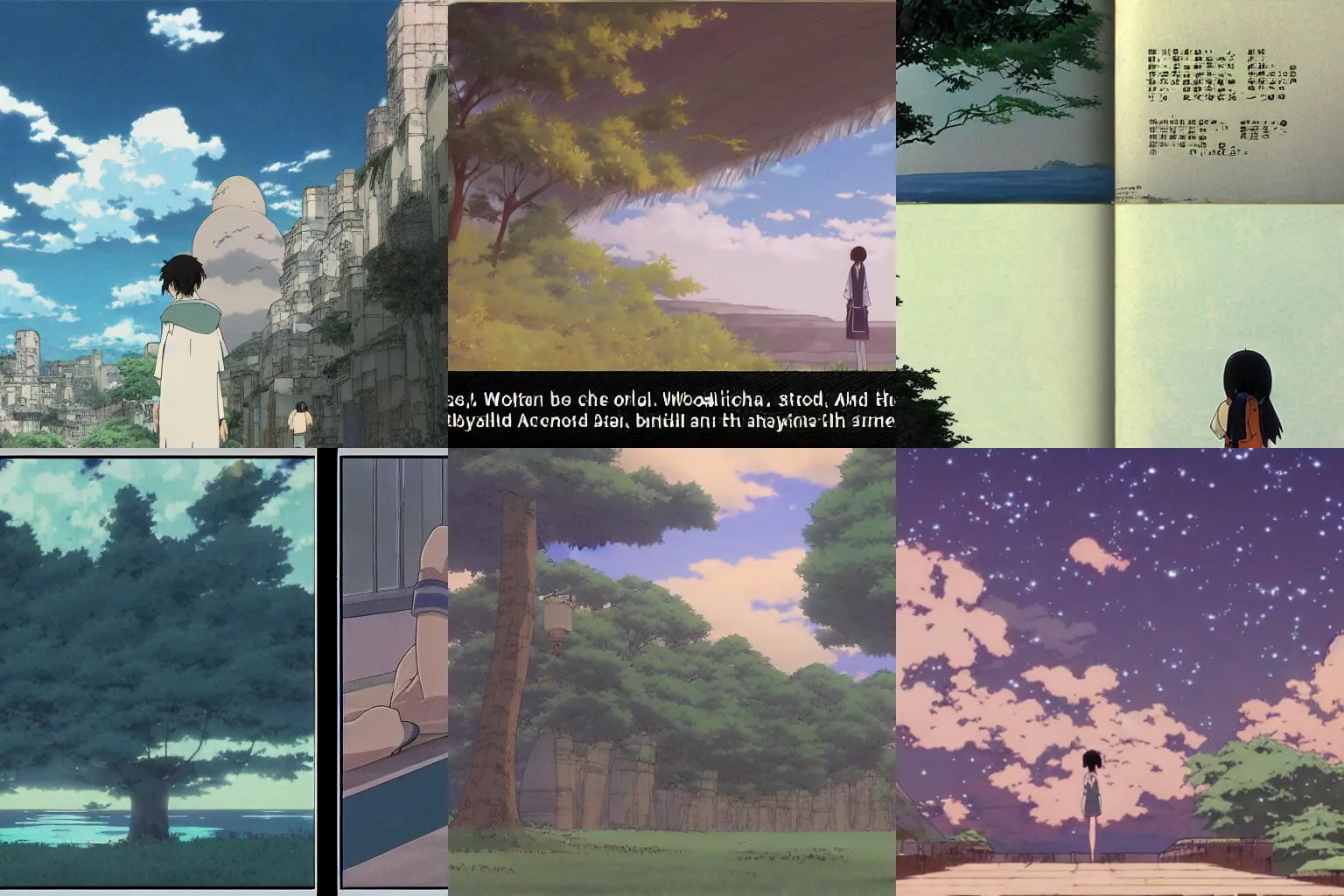 Prompt: screenshot from the anime by makoto shinkai, old ancient book called The World Beyond, handbound, handwritten, screenshot from the anime by studio ghibli