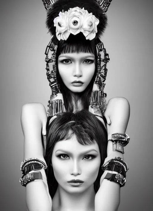 Image similar to stunning portrait of a female model, symmetrical poses, photography by erich caparas, high fashion, avant garde, symmetrical feature. photorealistic, studio, creative portrait