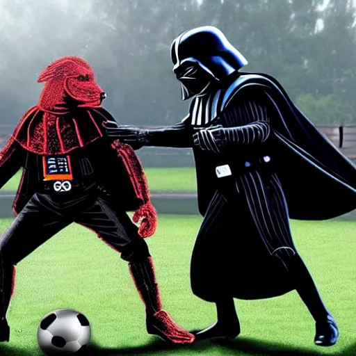 Prompt: Darth Vader playing soccer together with Elmo and Freddy Krueger