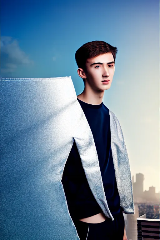 Image similar to un ultra high definition studio quality photographic art portrait of a young man standing on the rooftop of a british apartment building wearing soft padded silver pearlescent clothing. three point light. extremely detailed. golden ratio, ray tracing, volumetric light, shallow depth of field. set dressed.