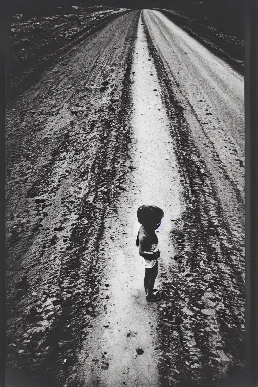 Image similar to photo polaroid of a sad and lonely child in the middle of a road of dry mud, drought, loneliness, black and white ,photorealistic, 35mm film,