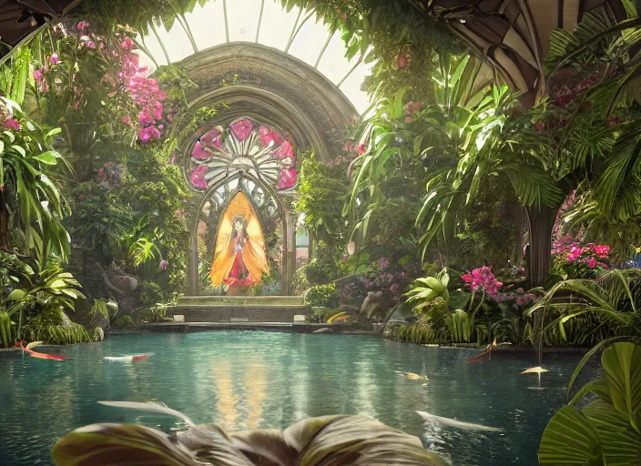 Image similar to ultra realistic, artstation, concept art, by artgerm and greg rutkowski and alphonse mucha and wlop cathedral interior with koi pond in the middle surrounded by palm trees, ivy, flowers, tropical plants, roses, and with archways. rendered in octane render with photorealistic lighting