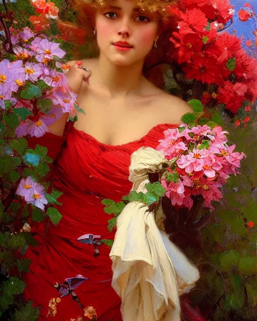 Prompt: an attractive girl wearing a red dress and surrounded by flowers. highly detailed painting by gaston bussiere, craig mullins, j. c. leyendecker 8 k