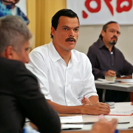 Image similar to Pedro Sánchez giving a meeting in his pajamas.