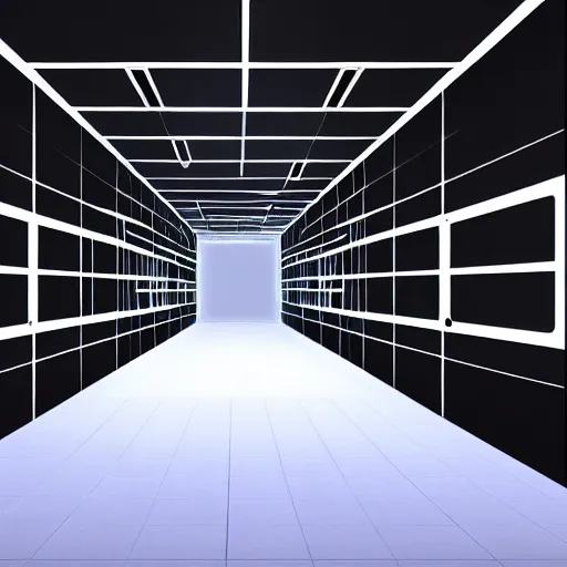 Prompt: inside of blank dark without light endless cube with black walls and white neon contours. Realistic Concept Art