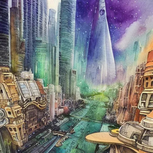 Prompt: Beautiful happy sci-fi city in harmony with nature. Nice colour scheme, soft warm colour. Beautiful detailed watercolor by Lurid. (2022)