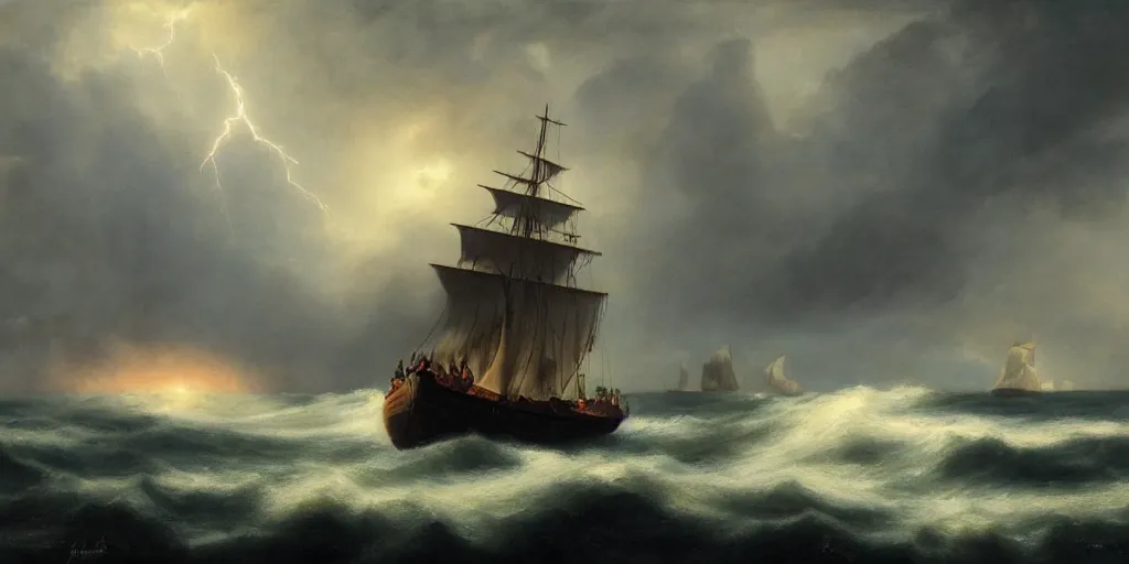 Image similar to a sail powered pirateship sailing through a powerful lighting storm, cliffs can be seen in the background, in the style of hudson river school, trending on art station, done in all blues