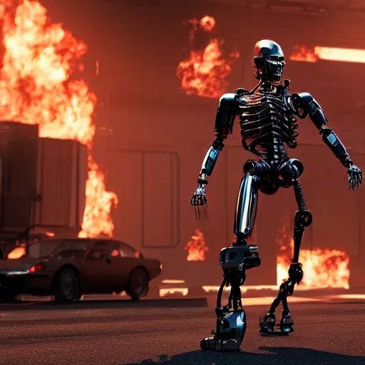 Image similar to terminator war of the machines key shot from movie, highly detailed, photorealistic shot, bright studio setting, studio lighting, crisp quality and light reflections, unreal engine 5 quality render