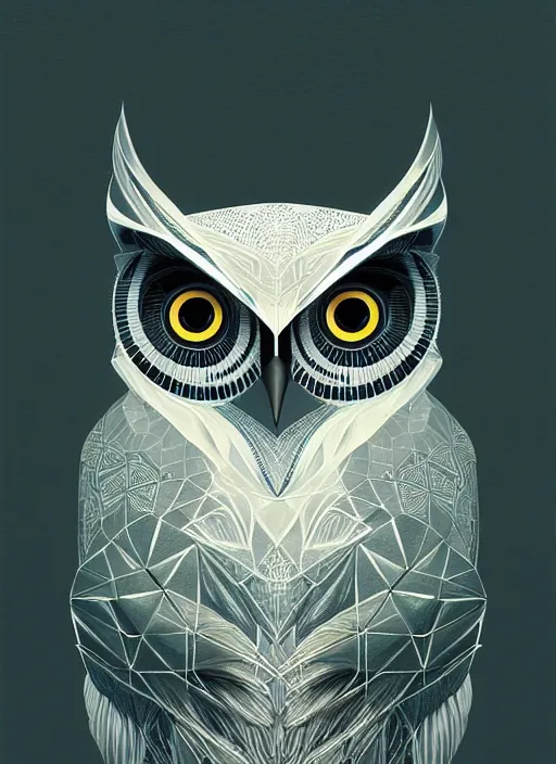 Image similar to portrait of a geometric owl, identical eyes, medium shot, illustration, full body made of white feathers, symmetrical, art stand, super detailed, cinematic lighting, and its detailed and intricate, gorgeous, by peter mohrbacher