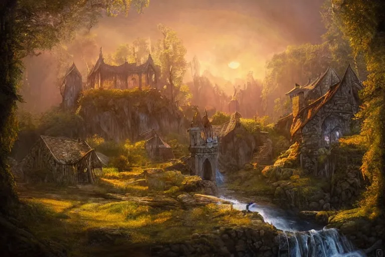 Prompt: fantasy painting, dungeons and dragons, celtic sylvan rivendell medieval village hovels with a stream in a forested valley, sunset with ominous shadows, a bunny by jessica rossier and brian froud cinematic painting