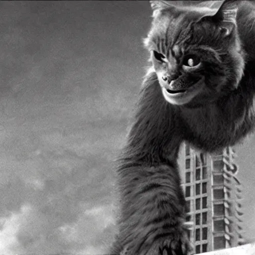 Image similar to A still of a cat climbing the Empire State Building in King Kong (1933)