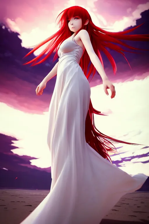 Image similar to Dark infrared octane render panoramic shot of a beautiful anime girl in a long white dress on a beach. Red hair, dramatic lighting, trending on artstation. Pixiv, Hyperdetailed, Ultra HD, WLOP, Rossdraws, James Jean Marc Simonetti, Ruan Jia and Mandy Jurgens and Artgerm and William-Adolphe Bouguerea, Sakimichan, Yuru camp, Illustration, digital art, concept art, manga cover