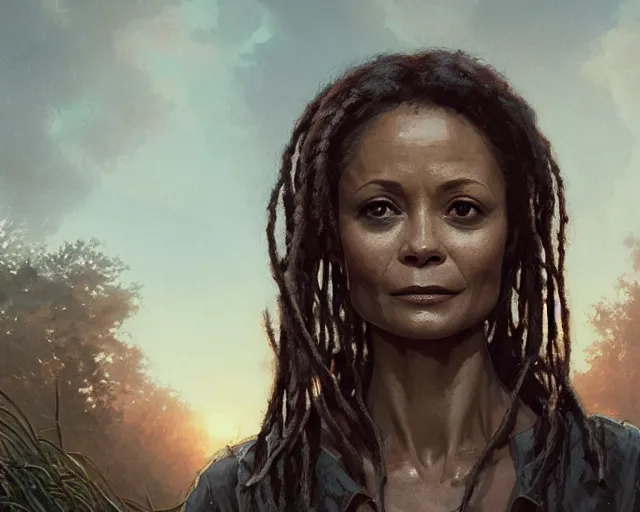 Image similar to highly detailed portrait of thandie newton in the walking dead, stephen bliss, unreal engine, fantasy art by greg rutkowski, loish, rhads, ferdinand knab, makoto shinkai and lois van baarle, ilya kuvshinov, rossdraws, tom bagshaw, global illumination, radiant light, detailed and intricate environment