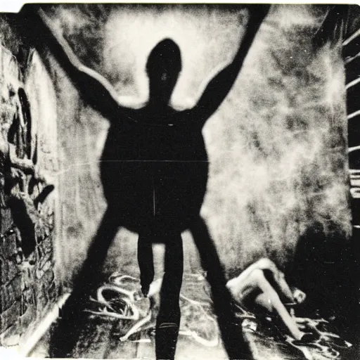 Prompt: A teenager summoning a demon, 1980s Polaroid photo-journalism flash photography