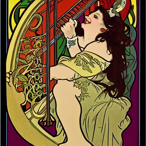 Image similar to a Happy Jester playing the harp, in the style of Alphonse Mucha