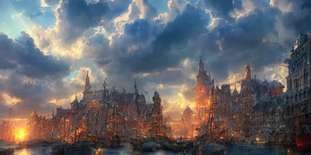 Image similar to beautiful seventeenth century harbour city, vivid colors, gorgeous clouds, god rays, digital art, landscape, fantasy art, octane render, ureal engine, high detail, very realistic, by ross tran