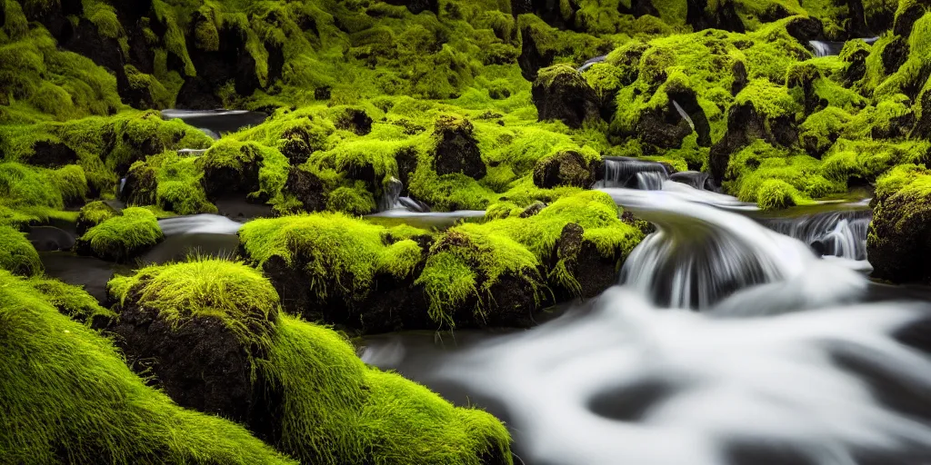 Prompt: photo of a landscape with lush forest, wallpaper, very very wide shot, iceland, new zeeland, green flush moss, national geographic, award landscape photography, professional landscape photography, waterfall, stream of water, hanging flowers, big sharp rock, ancient forest, primordial, sunny, day time, beautiful