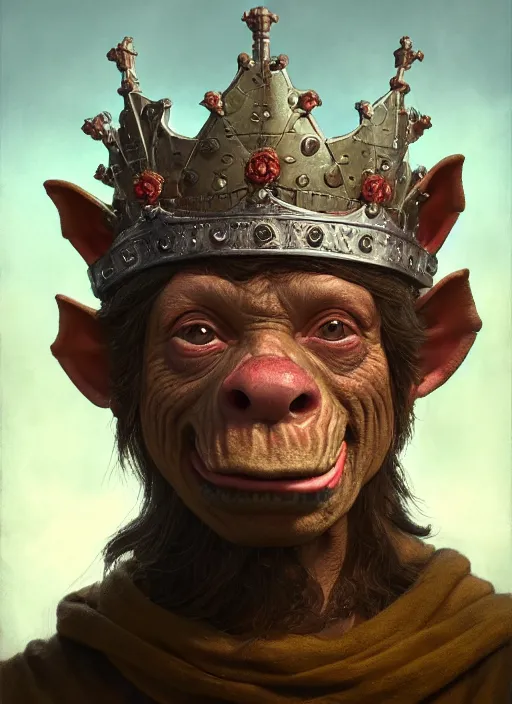 Image similar to highly detailed closeup portrait of a medieval goblin wearing a crown, stephen bliss, unreal engine, greg rutkowski, ilya kuvshinov, ross draws, hyung tae and frank frazetta, tom bagshaw, tom whalen, nicoletta ceccoli, mark ryden, earl norem, global illumination, god rays, detailed and intricate environment