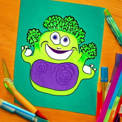 Prompt: a children illustration of a smiling happy broccoli, he is dancing, vivid bright colors