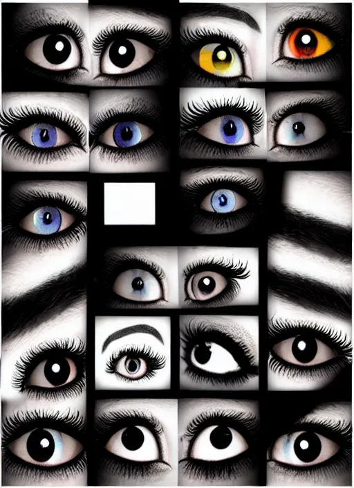 Image similar to grid montage of cube shaped eyes cubes, square shaped black dilated pupils cubes, cube shaped irises, detailed colored textures, lashes, advanced art, art styles mix, wet reflections in square eyes, sunshine light, hd macro photograph, from side, various cune eyelid positions, small square black centered