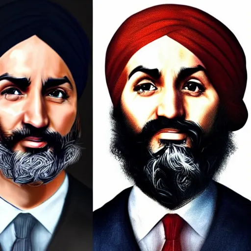 Prompt: Justin Trudeau with Jagmeet Singh in the american gothic painting, concept art, sharp focus, highly detailed digital painting by Gustave Corbet, artstation