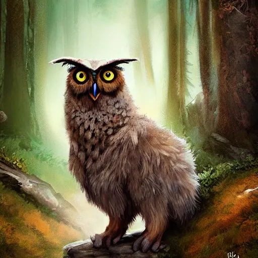 Image similar to three quarter portrait of an owlbear in the forest, d & d, fantasy, miro petrov,