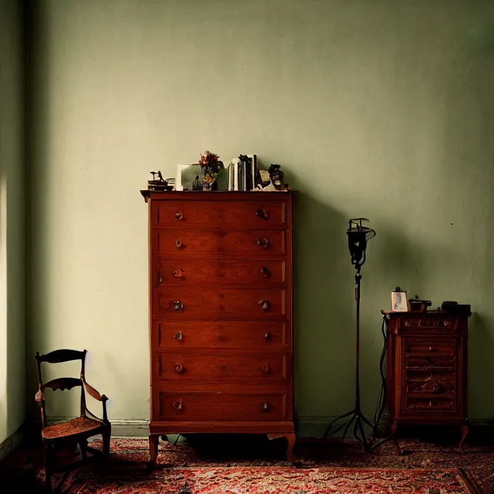 Image similar to kodak portra 4 0 0, wetplate, fisheye, award - winning portrait by britt marling, 1 8 8 0 s bedroom, ghost, picture frames, shining lamps, dust, smoke, 1 8 8 0 s furniture, wallpaper, carpet, books, muted colours, wood, fog, plants, flowers