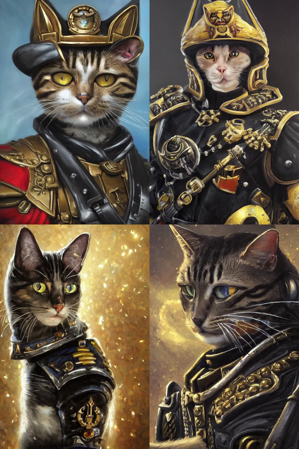 Prompt: an oil painting of a cat as an Imperial officier from the Warhammer 40k, sparkly detailed cat eyes, glorious, cinematic, realistic lighting, masterpiece, smooth, Warhammer 40k, military, oil painting of a cat as an Imperial officier from the Warhammer 40k, sparkly detailed cat eye, higly detailed, 4K Render, official Warhammer 40k illustration