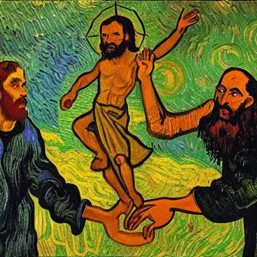 Image similar to jesus with devil spreads his hands against the background of growing cannabis. an oil painting in the style of van gogh