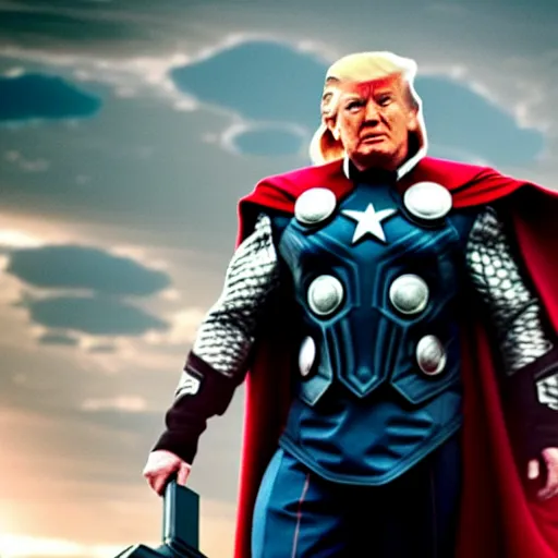 Prompt: cinematic still, donald trump as thor, avengers endgame ( 2 0 1 9 )