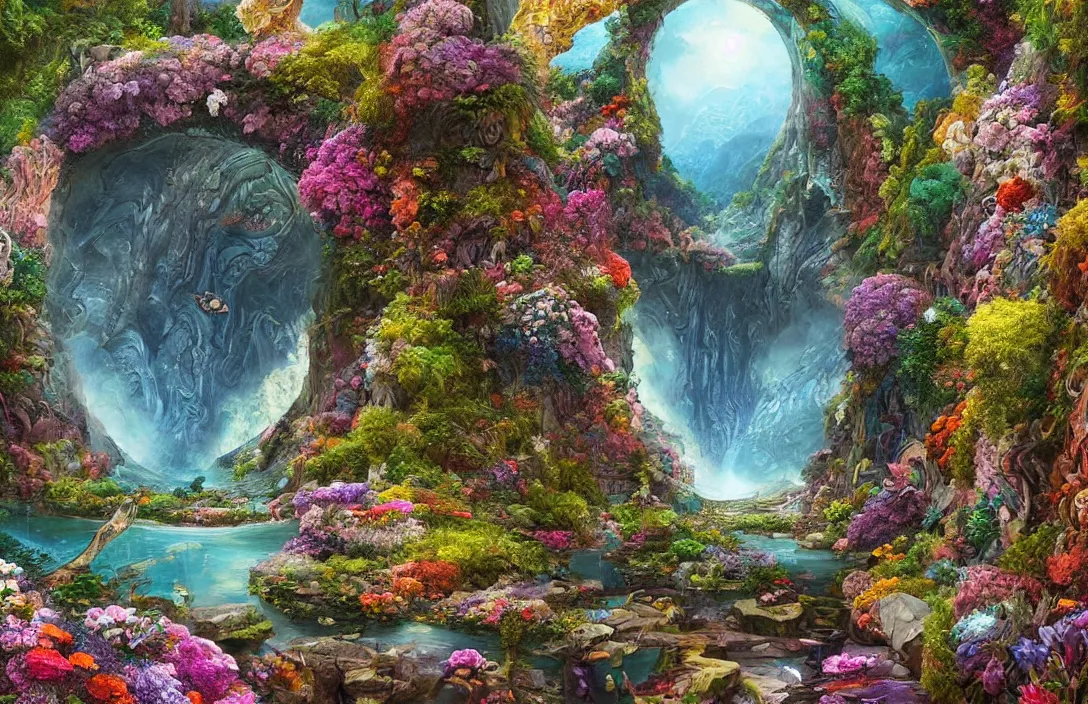 Image similar to a painting of a river winding through a large metallic portal in a cliff valley garden with flowers and plants, a detailed matte painting by android jones :. 0 6, cgsociety :. 5, psychedelic art :. 2 5, detailed painting :. 1, greeble :. 5, biomorphic