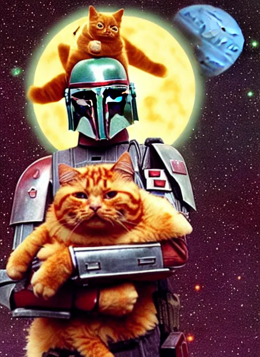 Image similar to film still of boba fett holding a fat ginger cat in his arms, star wars, beautiful glowing lights, planets in background, sci - fi, stunning, intricate, elegant. highly detailed