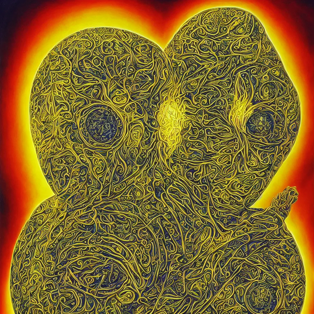 Image similar to Alex Grey painting of a lemon god, highly detailed, symmetrical, trending on artstation