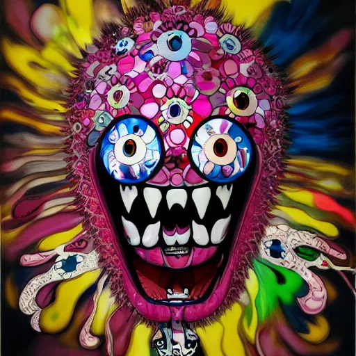 Image similar to pink scream by takashi murakami and h.r. giger, full body, oil on canvas, intricately detailed artwork, full 8k high quality resolution, recently just found unknown masterpiece