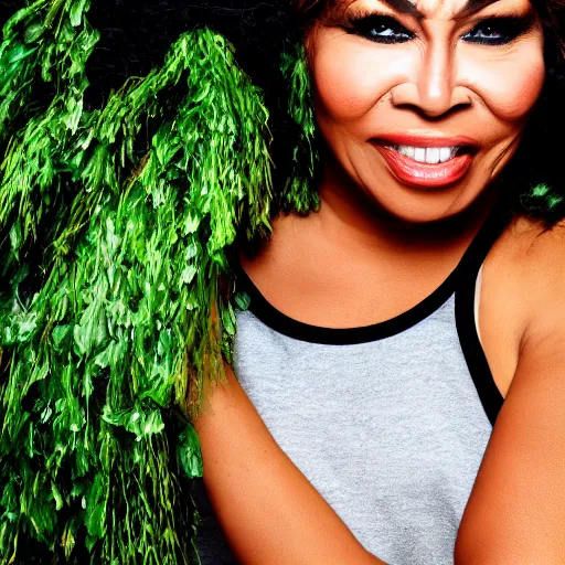 Image similar to tina turner portrait, green turnip hair leaves, colored, dslr, photoshoot