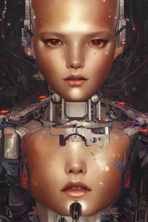 Image similar to portrait of beautiful young robot, cyberpunk, Warhammer, highly detailed, artstation, illustration, art by Gustav Klimt and Range Murata and Ilya Kuvshinov and Sakimichan