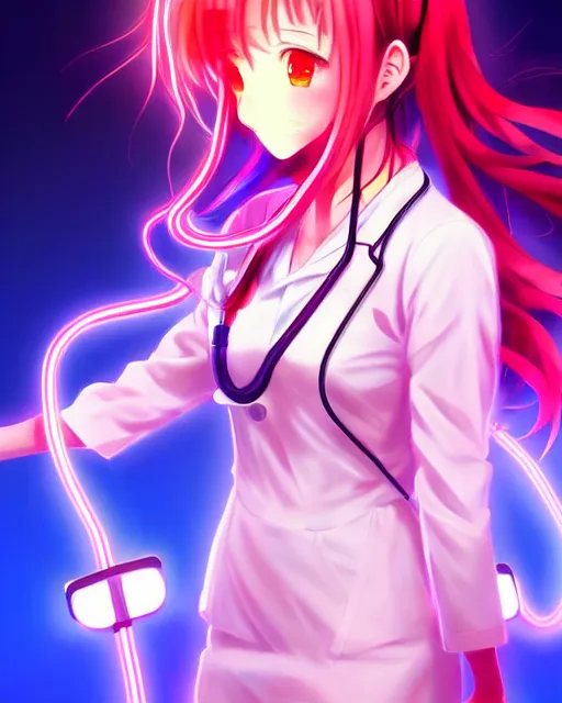 Image similar to anime style, vivid, expressive, full body, 4 k, painting, a cute magical girl with a long wavy hair wearing a nurse outfit, stunning, realistic light and shadow effects, neon lights, centered, simple background, studio ghibly makoto shinkai yuji yamaguchi