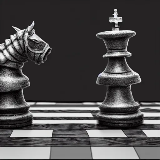 Prompt: two chess pieces fighting, the knight and the bishop on a wood chess board , fantasy art, in the style of greg rutkowski, illustration, epic, fantasy, intricate, hyper detailed, artstation, concept art, smooth, black and white, sharp focus, ray tracing
